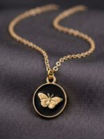 Golden Butterfly Black Enamel Medallion Necklace
