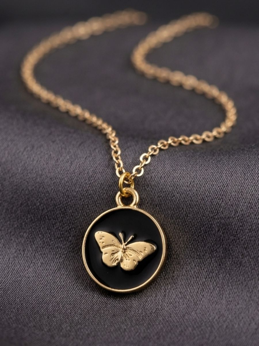black-butterfly-pendant-main Golden Butterfly Black Enamel Medallion Necklace - Image 1