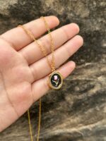 Vintage Pink Tulip Black Enamel Pendant - Image 2