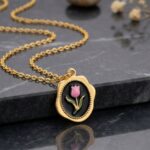 Vintage Pink Tulip Black Enamel Pendant