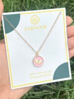 Golden Butterfly Blush Pink Enamel Medallion Necklace - Image 2