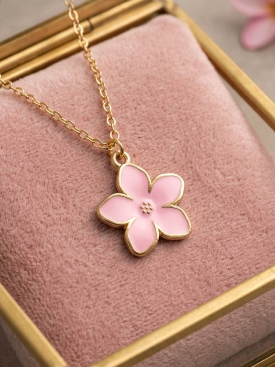 pink-floral-pendant-main Pink Blossom Enamel Pendant Necklace - Image 1