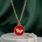 Golden Butterfly Crimson Red Enamel Medallion Necklace