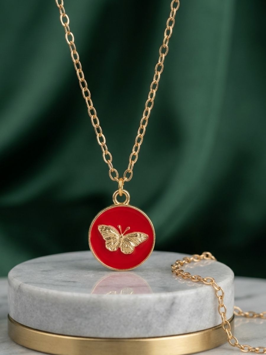 red-butterfly-charm-pendant-main Golden Butterfly Crimson Red Enamel Medallion Necklace - Image 1