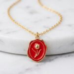 Crimson Red & Gold Vintage Tulip Pendant Necklace