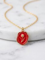 Crimson Red & Gold Vintage Tulip Pendant Necklace