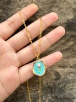 Sky Blue & Gold Vintage Tulip Pendant Necklace - Image 2