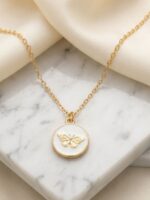 Golden Butterfly Ivory White Enamel Medallion Necklace