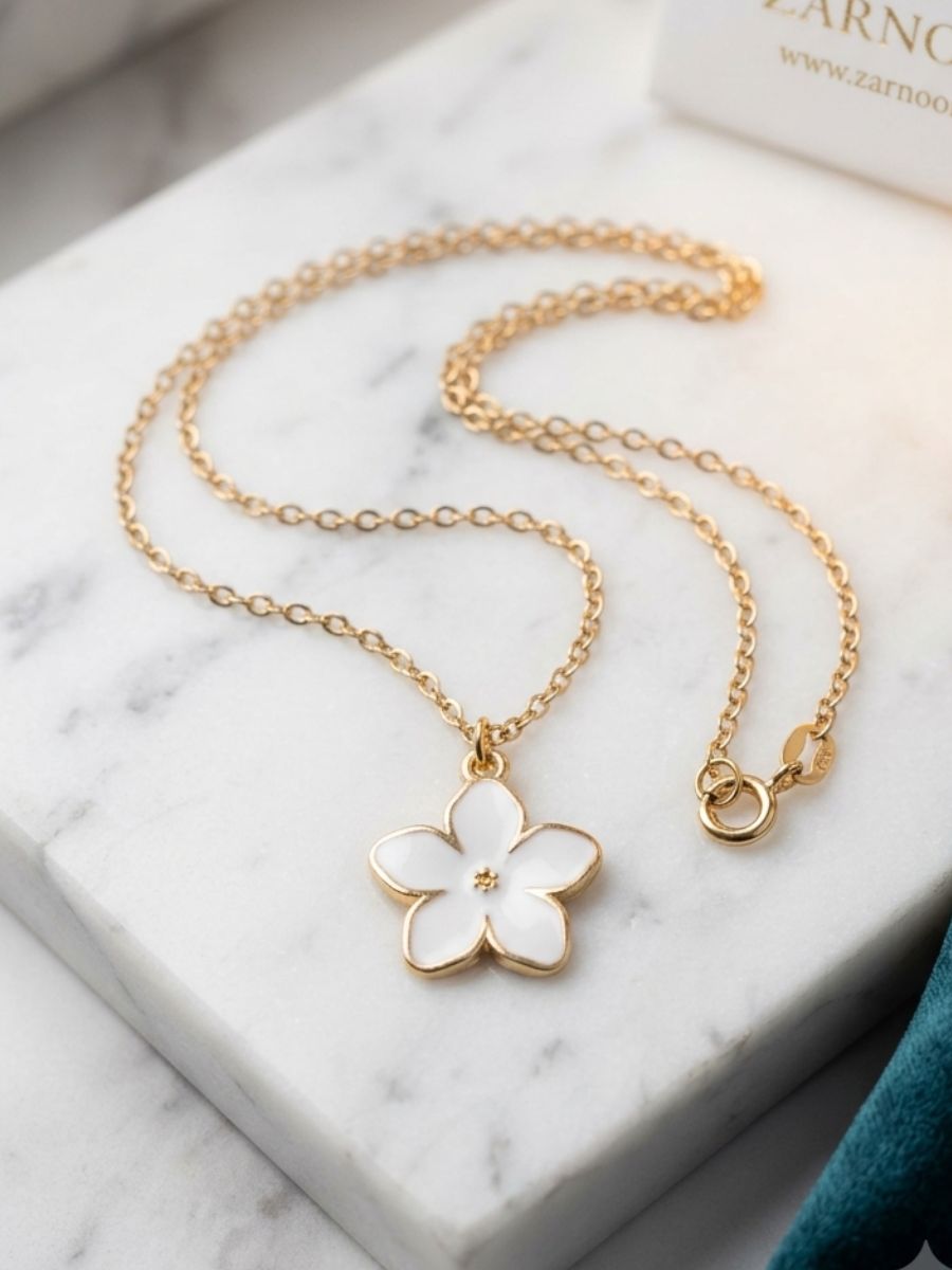 white-flower-pandant-main White Blossom Enamel Pendant Necklace in Gold - Image 1