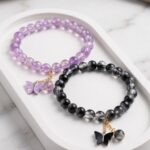 Black and Purple Butterfly Charm Couple Bracelet Set