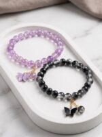 Black and Purple Butterfly Charm Couple Bracelet Set