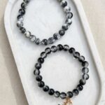 Monochrome Marble and Black Butterfly Charm Couple Bracelet Set
