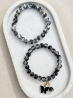 Monochrome Marble and Black Butterfly Charm Couple Bracelet Set
