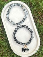 Monochrome Marble and Black Butterfly Charm Couple Bracelet Set - Image 2
