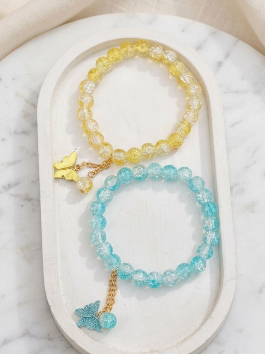 skyblue-and-yellow-stretchable-bracelet-main Sky Blue and Yellow Butterfly Charm Bracelet Set - Image 1